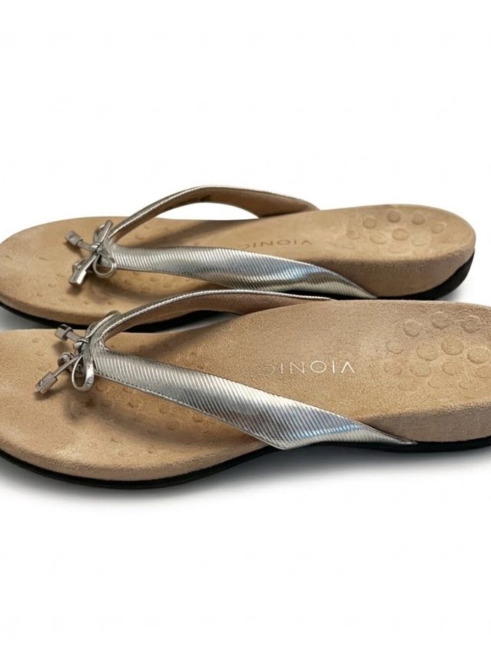 Vionic Bella Sandals Flip Flops - Aluminun Ribbed Metal Bow Sandals- Size 12 - Picture 2 of 5